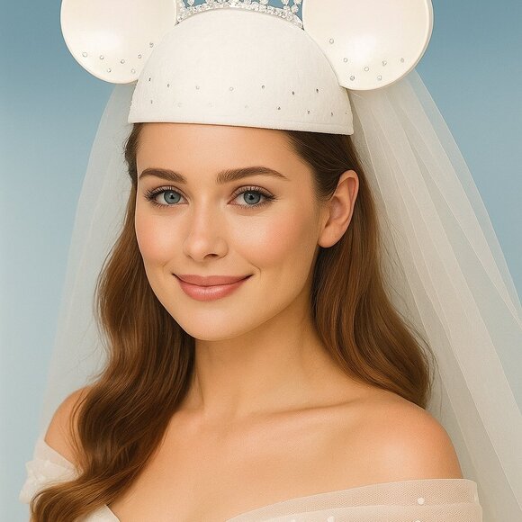 Disney Parks Minnie Mouse Bride Ear Hat White Satin Tiara Veil Rhinestones - Picture 1 of 4